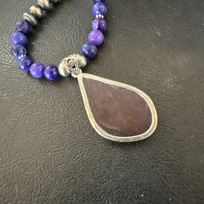 Purple Stone Pendant Navajo Pearls Sterling Silver Necklace 23" 17891