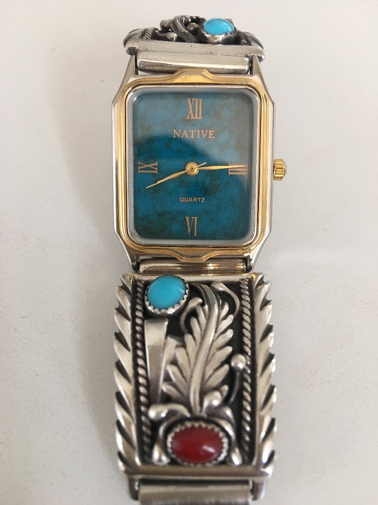 Women Blue Sleeping Beauty Turquoise Red Coral Sterling Silver Watches 10010