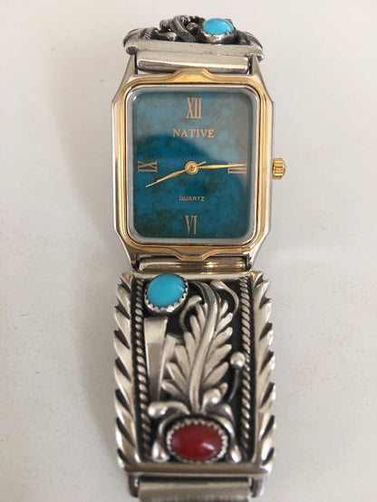 Women Blue Sleeping Beauty Turquoise Red Coral Sterling Silver Watches 10010