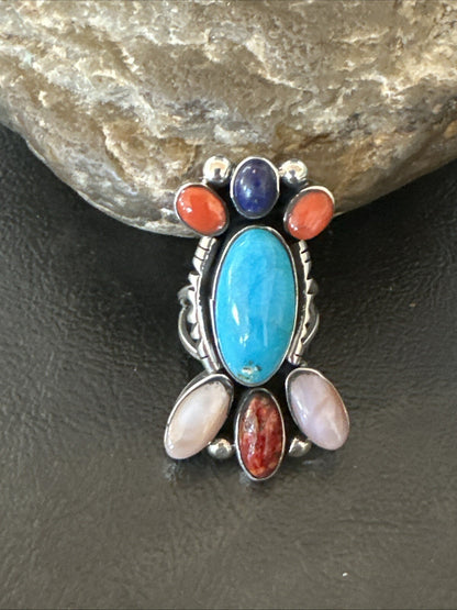 Cluster Blue Turquoise Spiny Oyster Onyx Sterling Silver Ring Size 8 18564