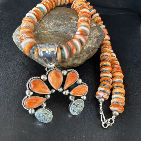 Spiderweb Turquoise Spiny Oyster Naja Pendant Necklace | Sterling Silver | Authentic Native American Handmade | 14235