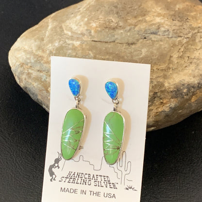Green Gaspeite Opal Navajo Sterling Silver Inlay Earrings 1.25" 19177