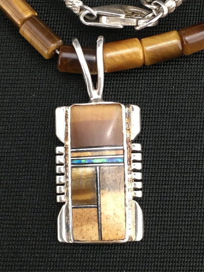 Native Tiger's Eye Inlay Pendant Navajo Sterling Silver 21" Necklace 4895