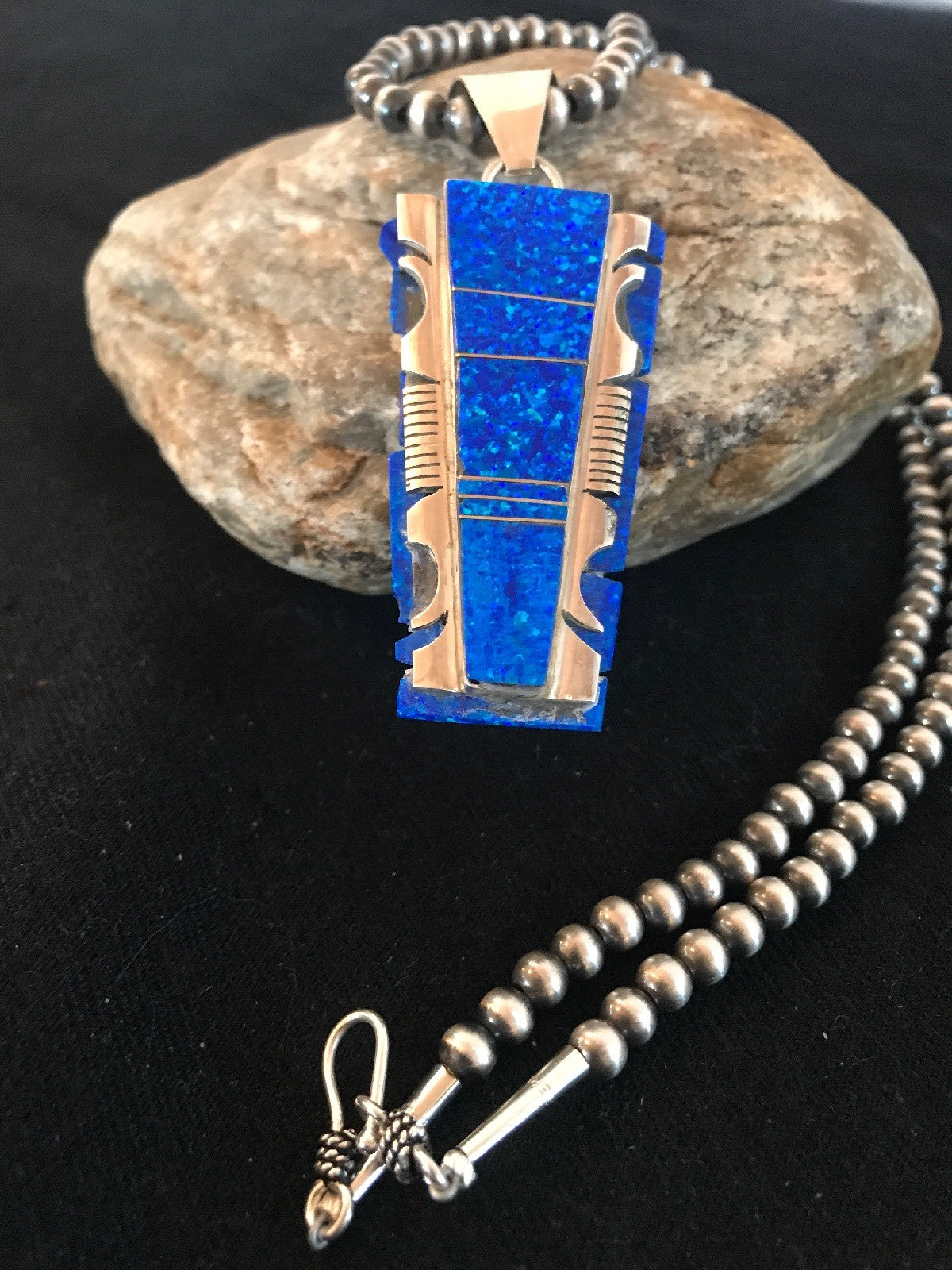 Blue Opal Pendant Navajo Pearls Beads Sterling Silver Necklace 08281