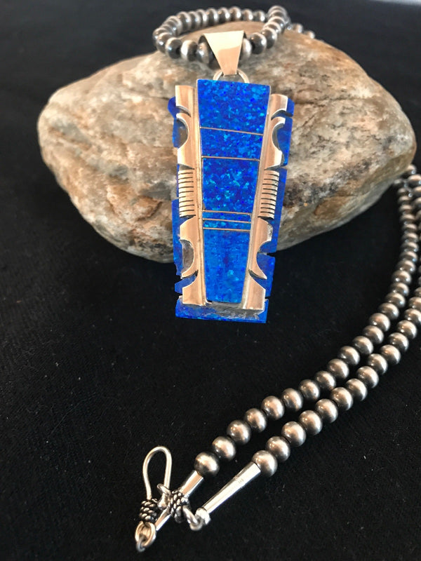 Blue Opal Pendant Navajo Pearls Beads Necklace | Sterling Silver | Authentic Native American Handmade | 08281