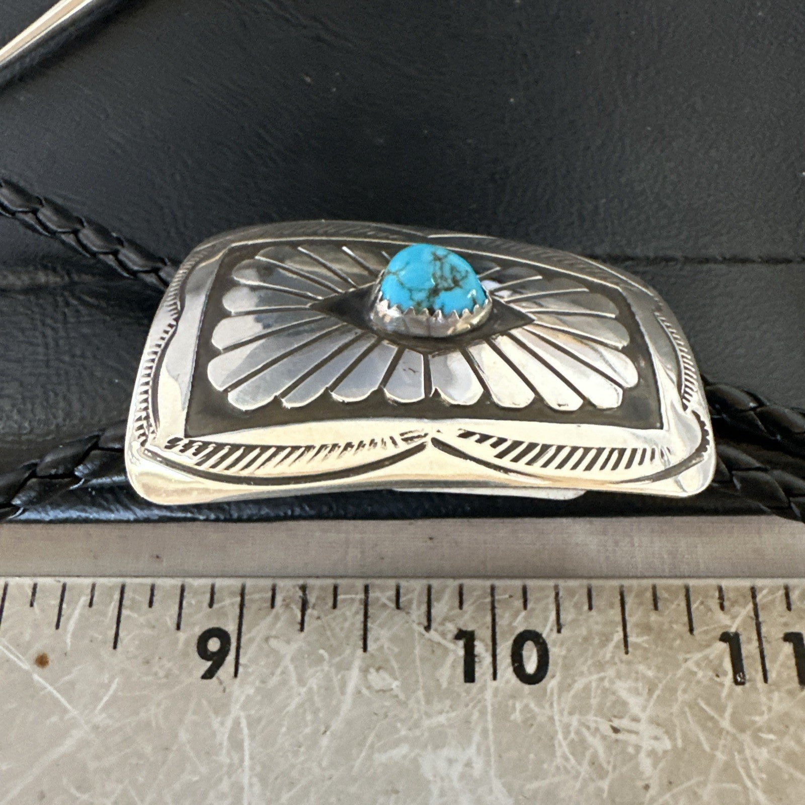 Mens Blue Kingman Turquoise Stamped Navajo Sterling Silver Bolo Tie 2” 19302