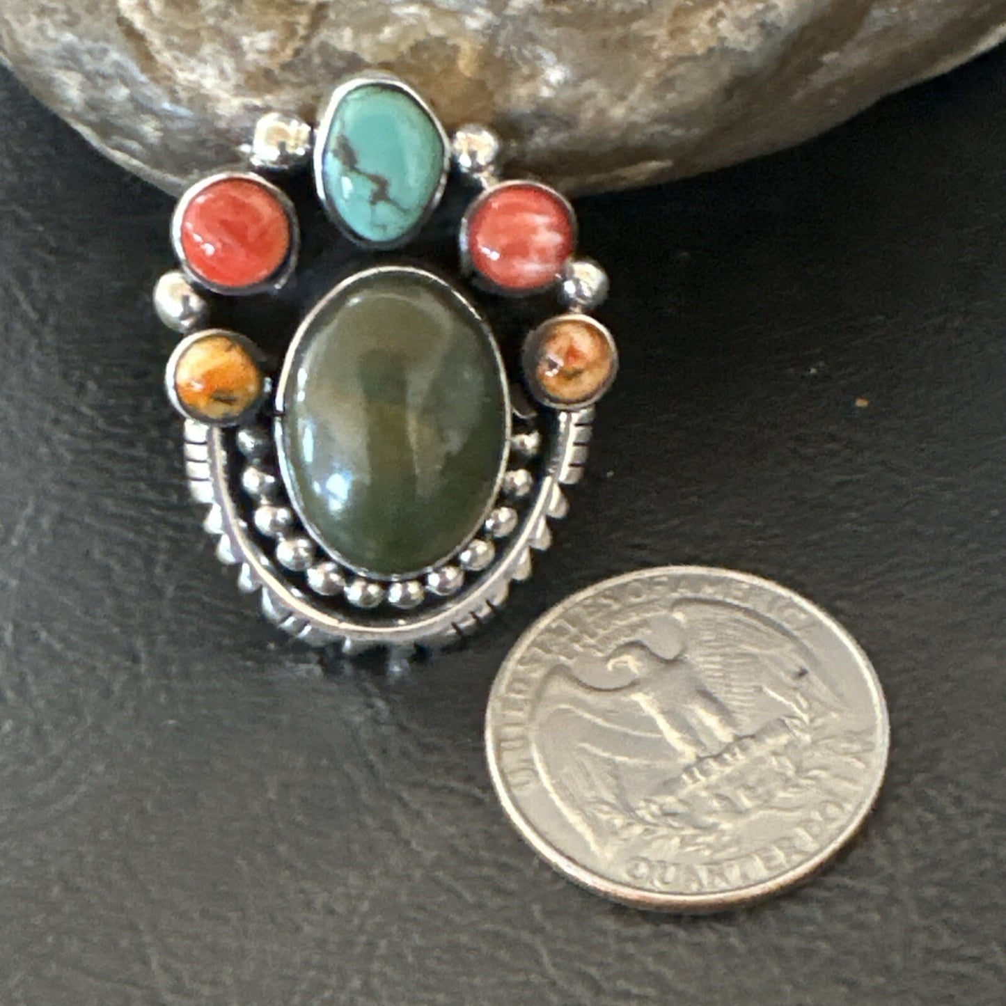Cluster Blue Turquoise Spiny Oyster Sterling Silver Ring Size 8 18567