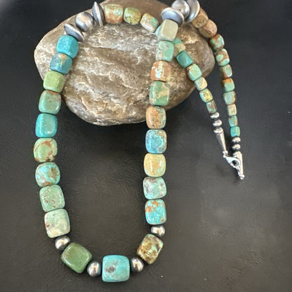 Cube Green Turquoise Navajo Graduated Sterling Silver Necklace 21” 19205