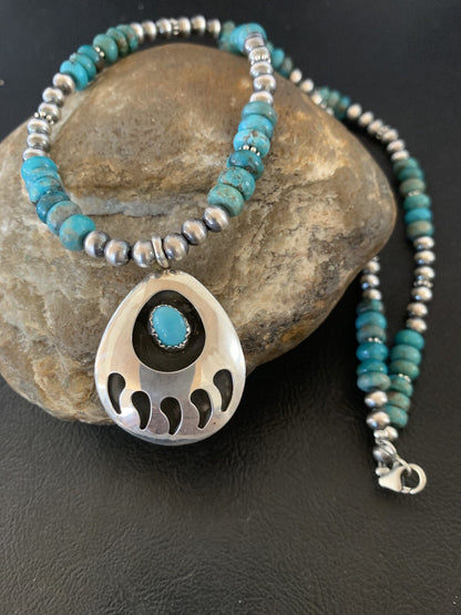 Bear Paw Navajo Sterling Silver Blue Kingman Turquoise Necklace Pendant 11693