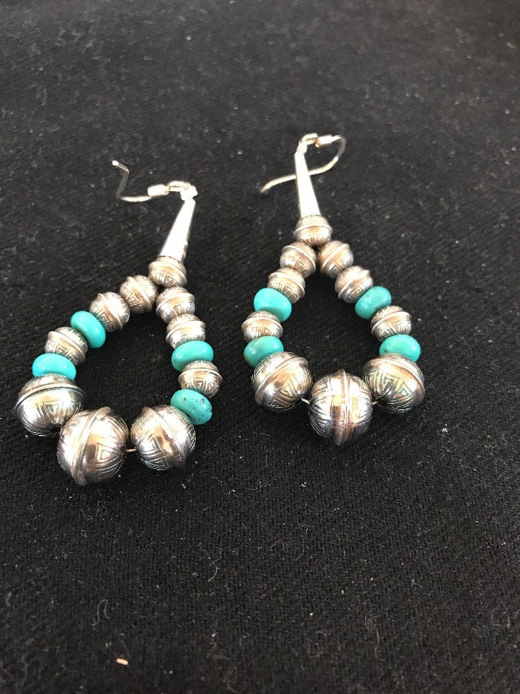 Native Sterling Silver Stamped Turquoise Bead Earrings 10090