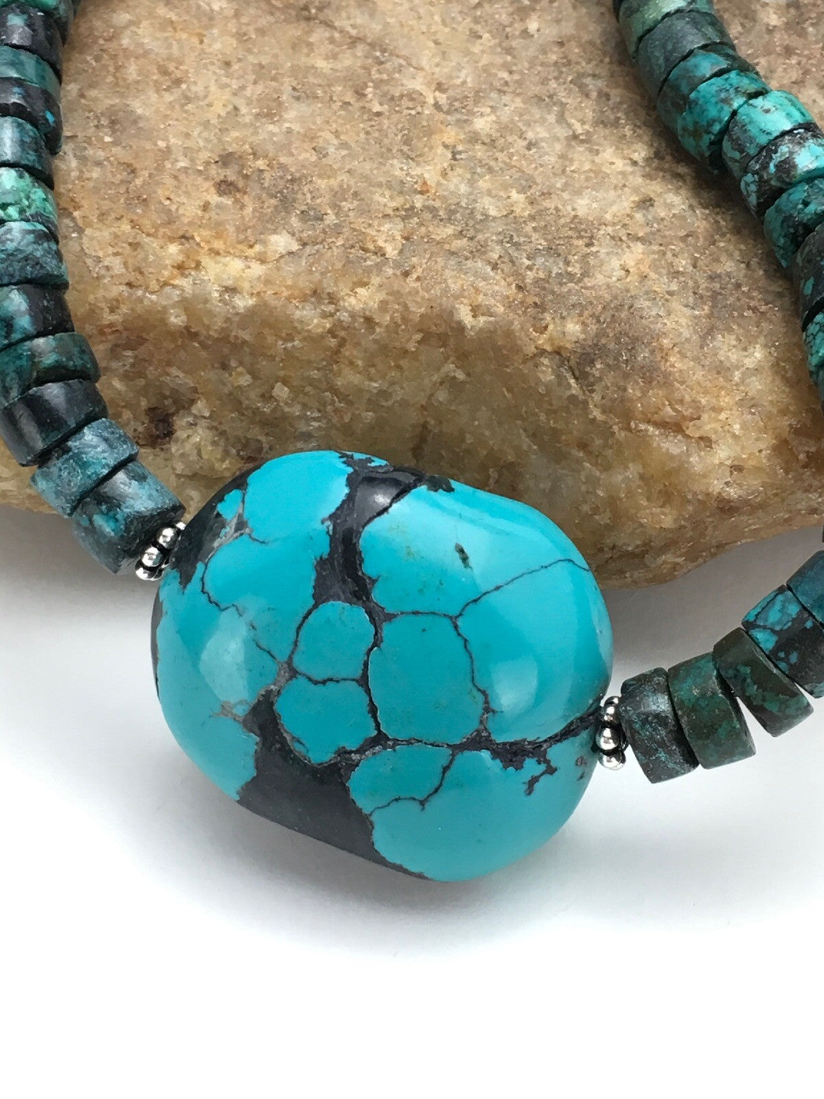 Turquoise Heishi Chunky Navajo Sterling Silver Necklace 20" 02959