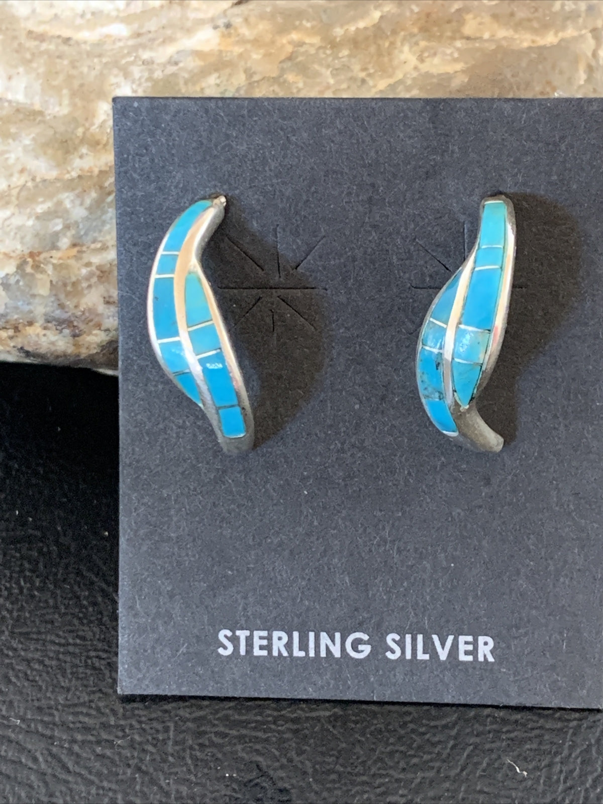 Blue Turquoise Southwestern Zuni Sterling Silver Inlay Hoop Earrings 0.75" 13022