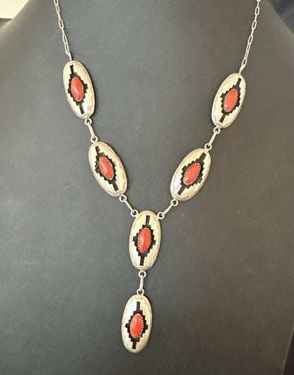 Old Native Navajo Red Coral Sterling Silver Shadowbox Necklace Earrings 18”19101