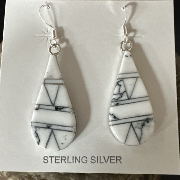 White Howlite Dangle Inlay Navajo Earrings | Sterling Silver | Authentic Native American Handmade | 19264