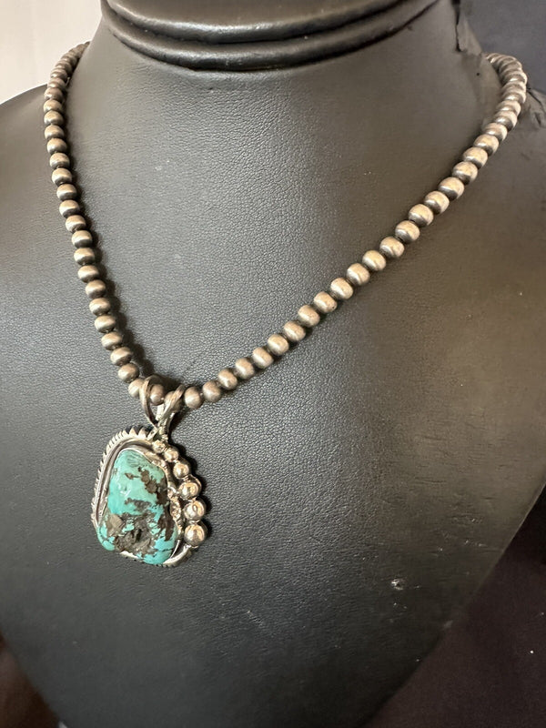 Rustic Blue Kingman Turquoise Pendant Navajo Necklace 20" | Sterling Silver | Authentic Native American Handmade | 18315