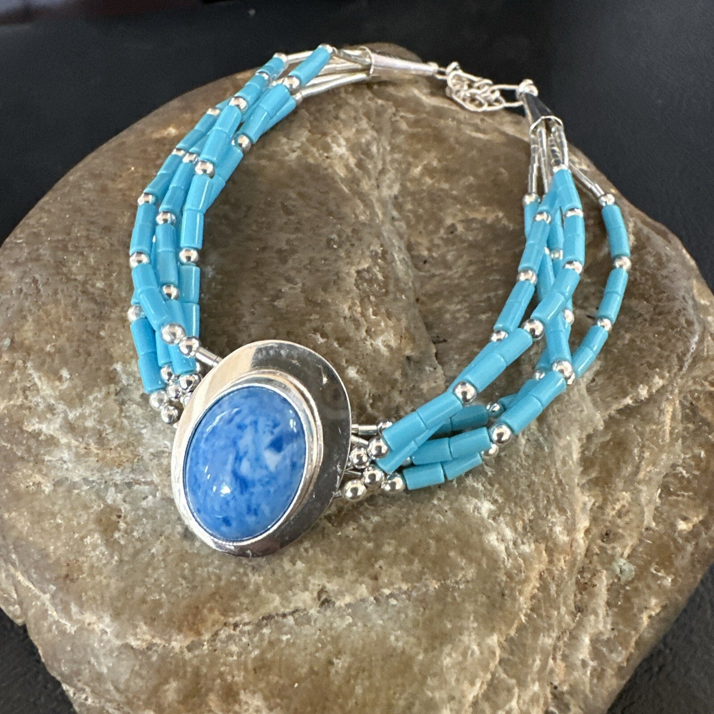 Blue Turquoise Lapis Heishi 5S Pendant Liquid Sterling Silver Bracelet 8" 17753