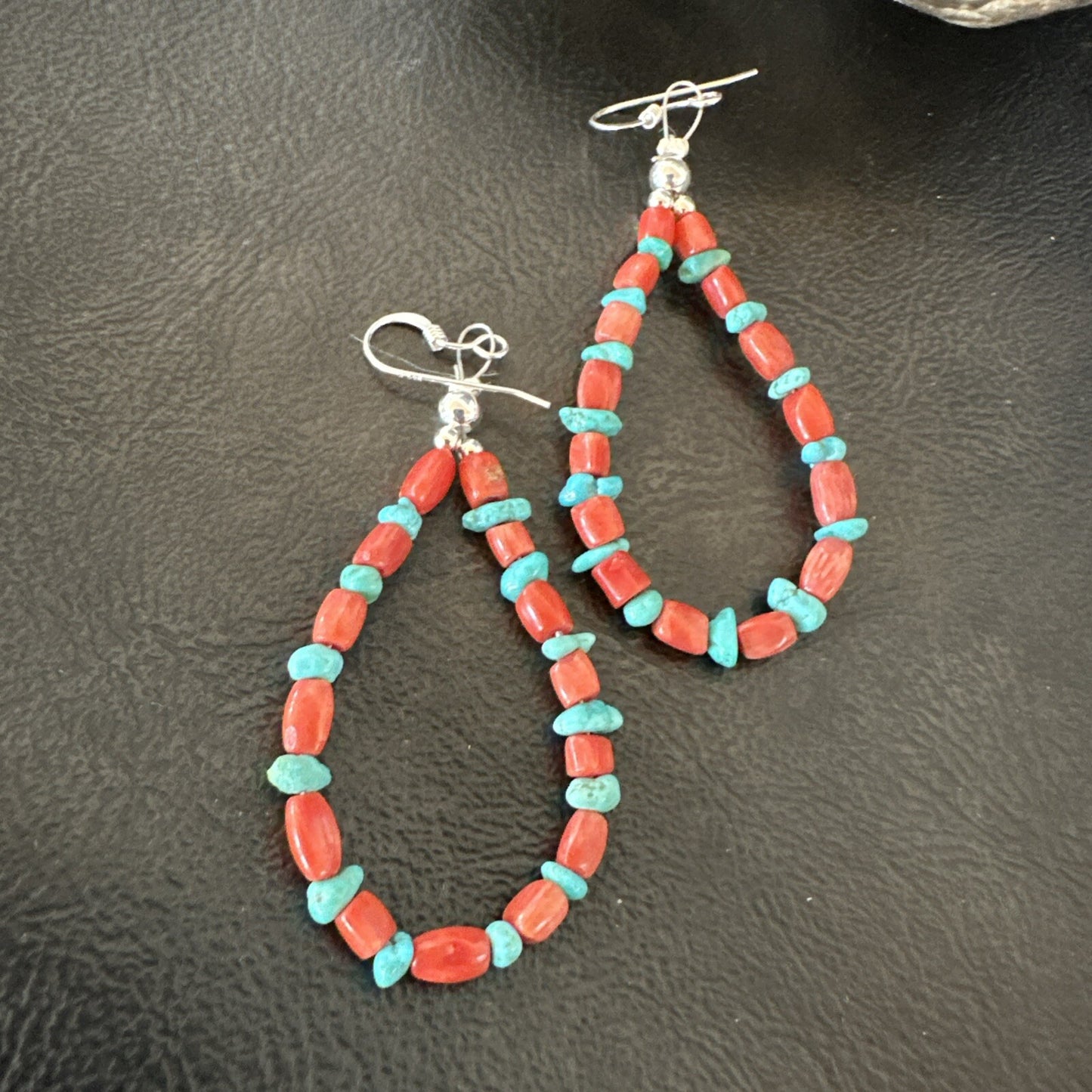 Blue Turquoise Coral Navajo Sterling Silver Earrings 2” 18835