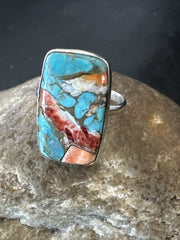Blue Turquoise Spiny Oyster Southwestern Ring Size 8 | Sterling Silver | Authentic Native American Handmade | 18434