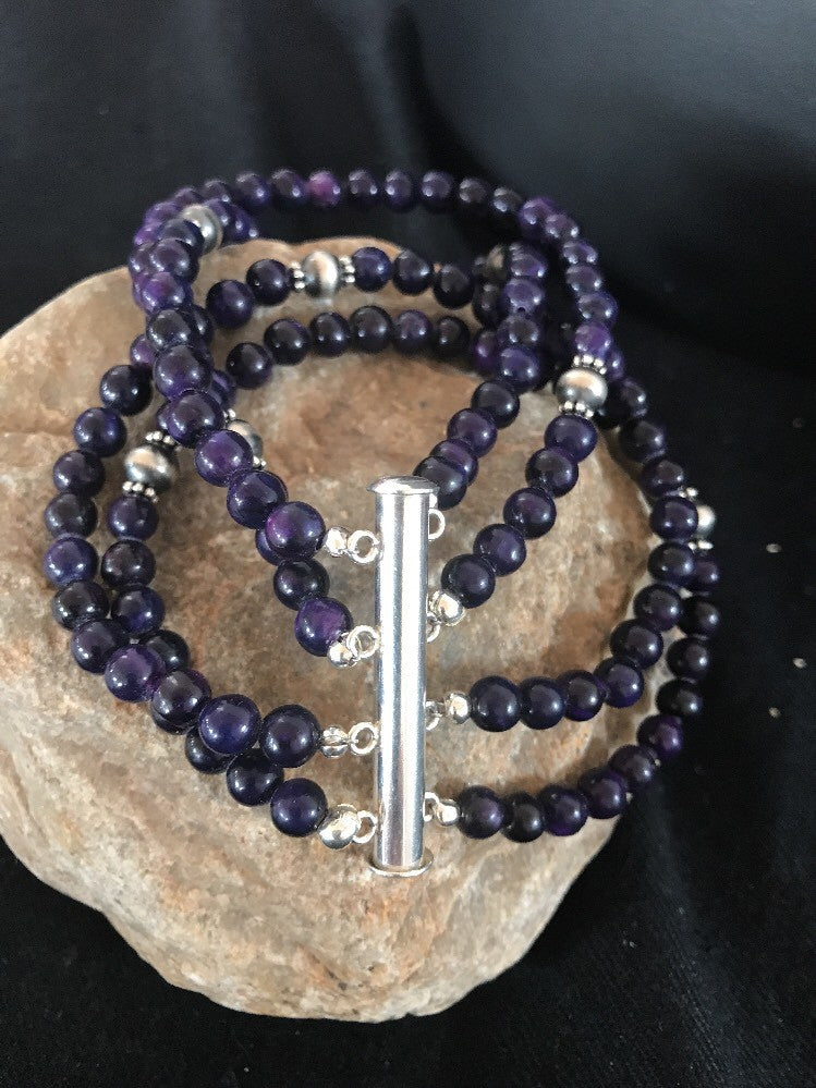 Purple Stone 4 Strands Navajo Indian Sterling Silver Bead Bracelet 10707
