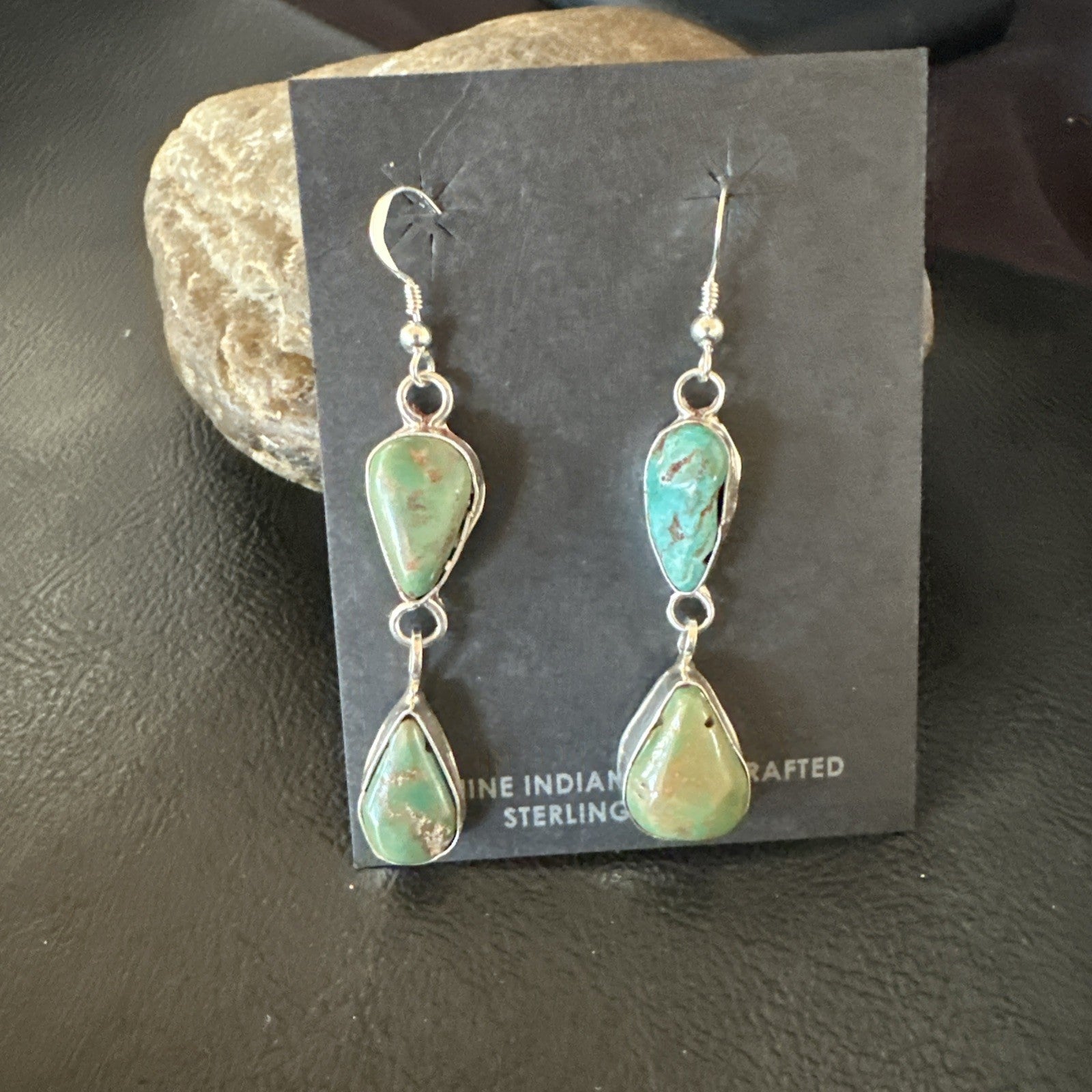 Green Royston Turquoise Navajo Sterling Silver Dangle Earrings 19416