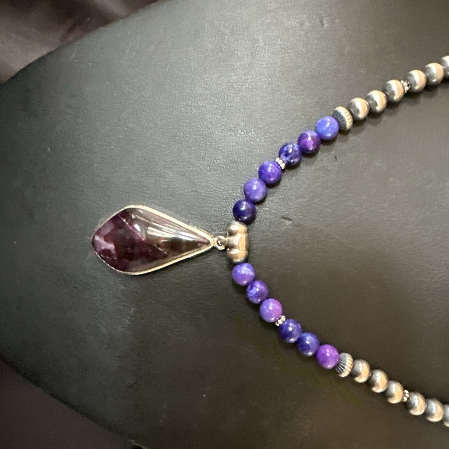 Purple Stone Pendant Navajo Pearls Sterling Silver Necklace 23" 17892