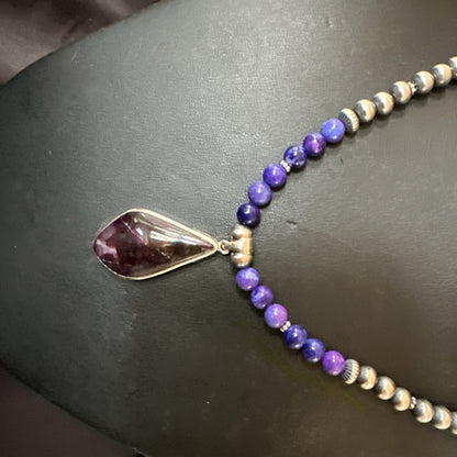 Purple Stone Pendant Navajo Pearls Sterling Silver Necklace 23" 17892