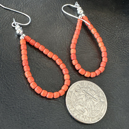 Red Coral Southwestern Sterling Silver Earrings 2” 18837