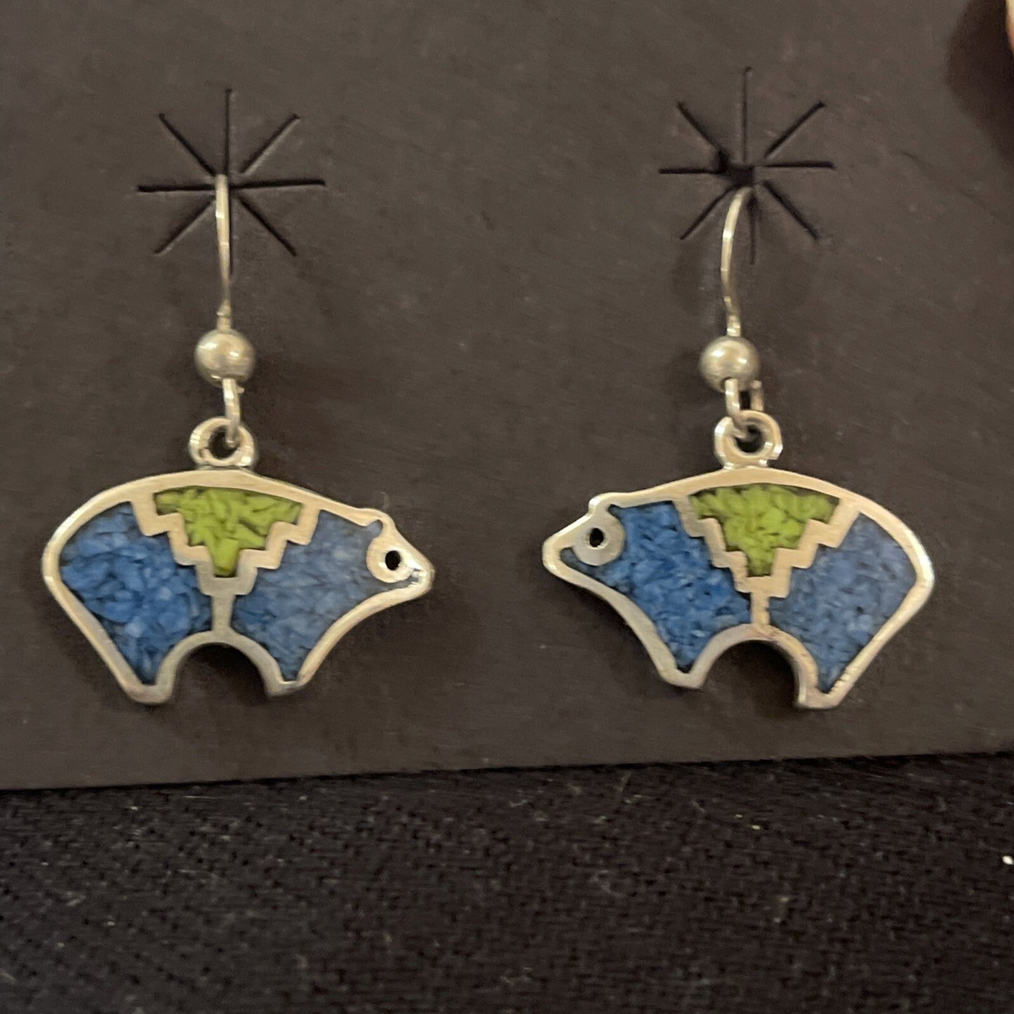 Blue Lapis & Green Turquoise Sterling Silver Bear Inlay Earrings 0.25" 01510