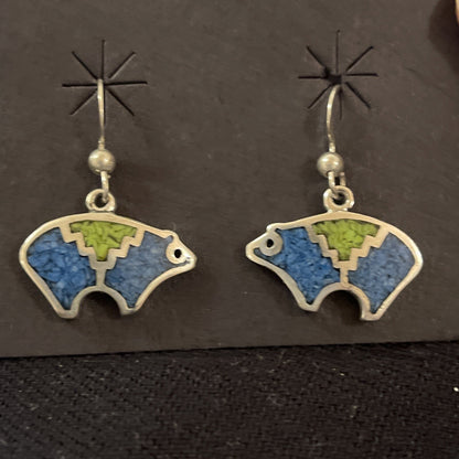 Blue Lapis & Green Turquoise Sterling Silver Bear Inlay Earrings 0.25" 01510