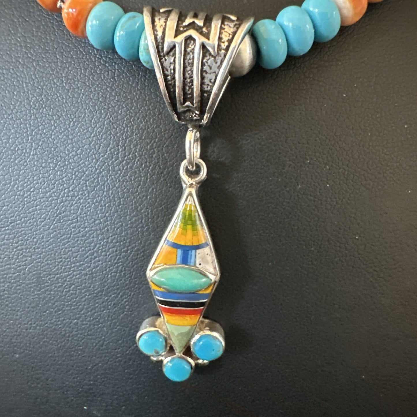 Multicolor Turquoise Pendant Navajo Sterling Silver Beads Necklace 18730