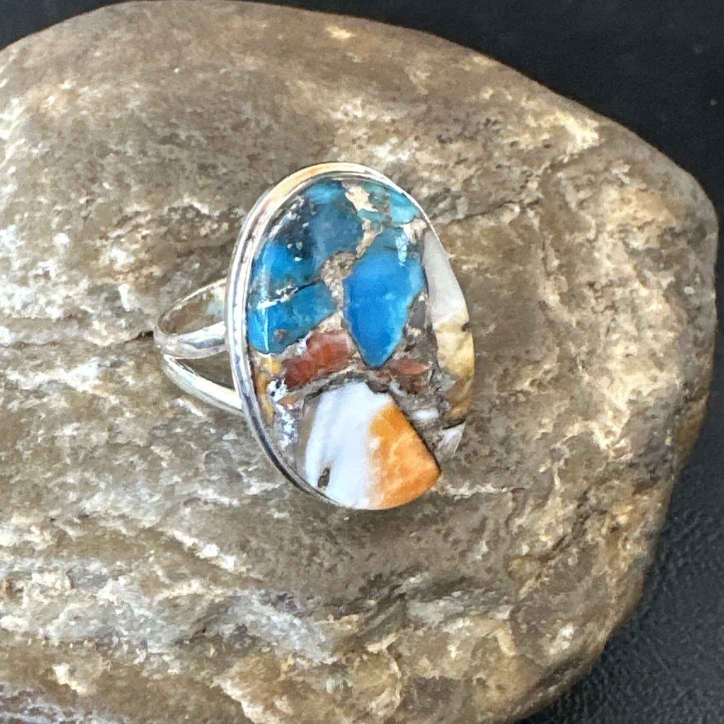 Blue Turquoise Spiny Oyster Southwestern Sterling Silver Ring Size 11 18448