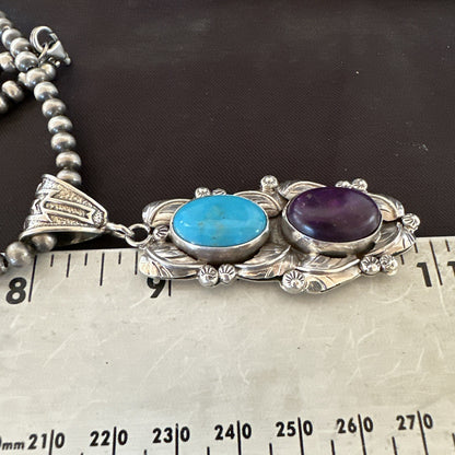 Blue Kingman Turquoise  Purple Stone Pendant Navajo Sterling Silver 18037