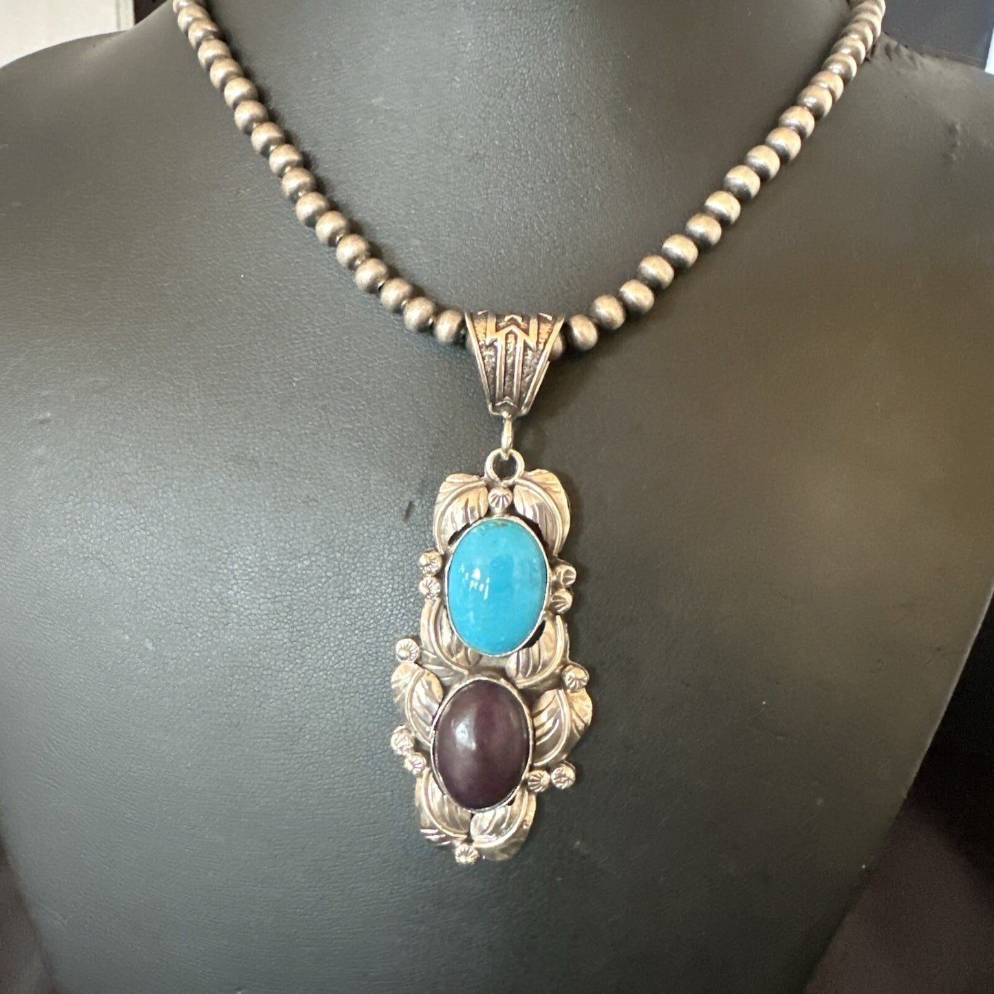 Blue Kingman Turquoise  Purple Stone Pendant Navajo Sterling Silver 18039