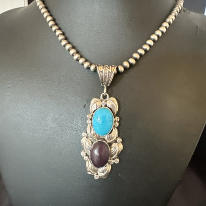 Blue Kingman Turquoise  Purple Stone Pendant Navajo Sterling Silver 18039