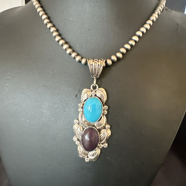 Blue Kingman Turquoise Purple Stone Pendant Navajo | Sterling Silver | Authentic Native American Handmade | 18039