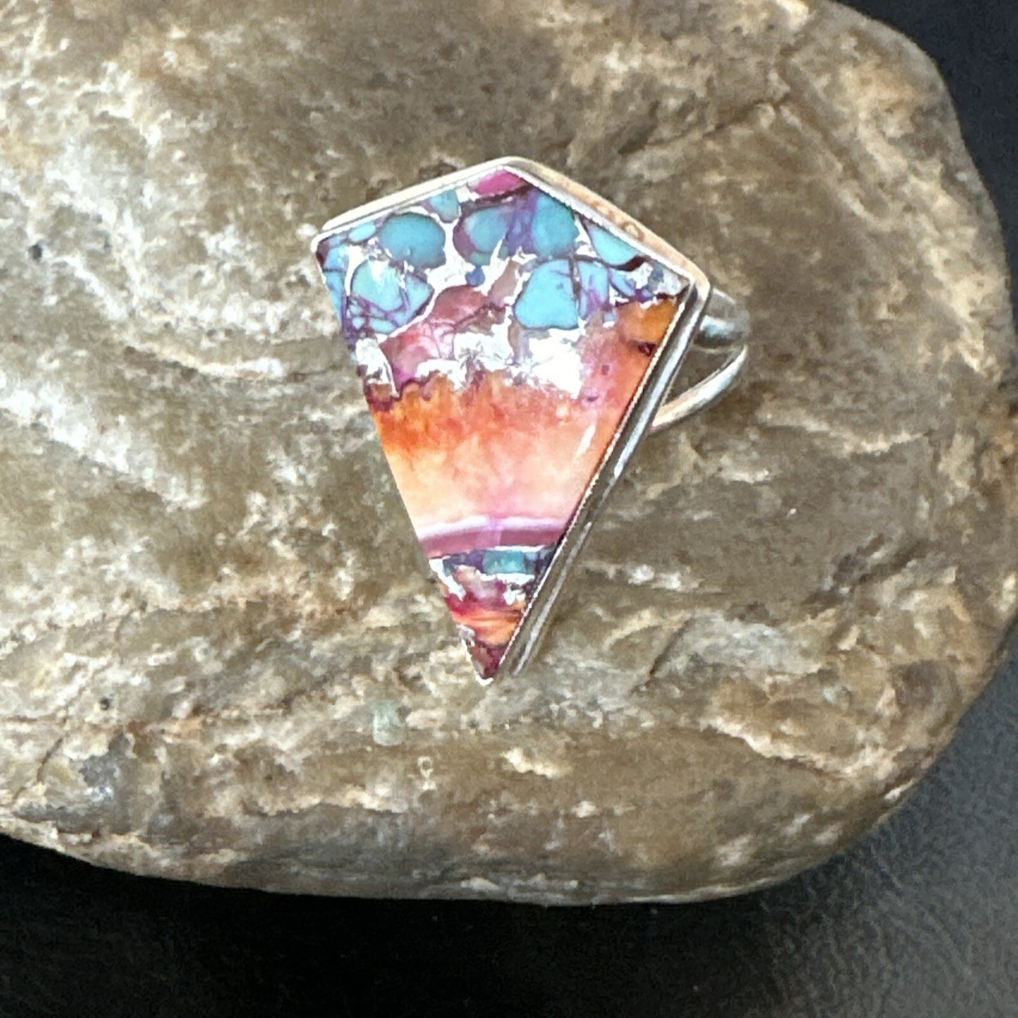 Blue Turquoise Spiny Oyster Southwestern Sterling Silver Ring Size 9 18463