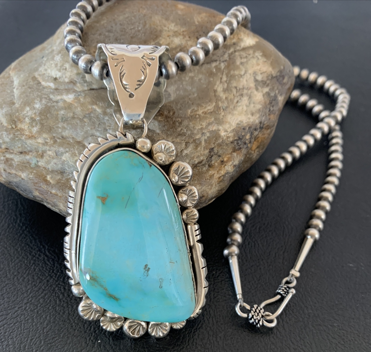 Mens Royston Turquoise Pendant Navajo Pearls Sterling Silver Necklace 02111N
