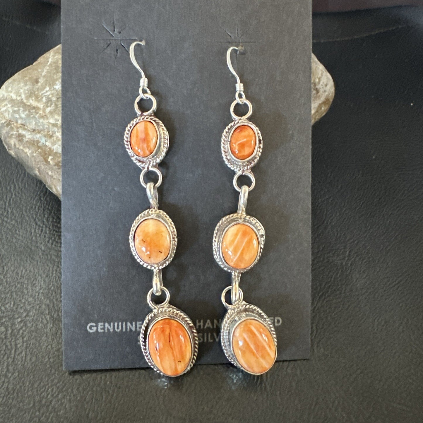 Native Navajo Sterling Silver Orange Spiny Oyster Dangle Earrings 1228