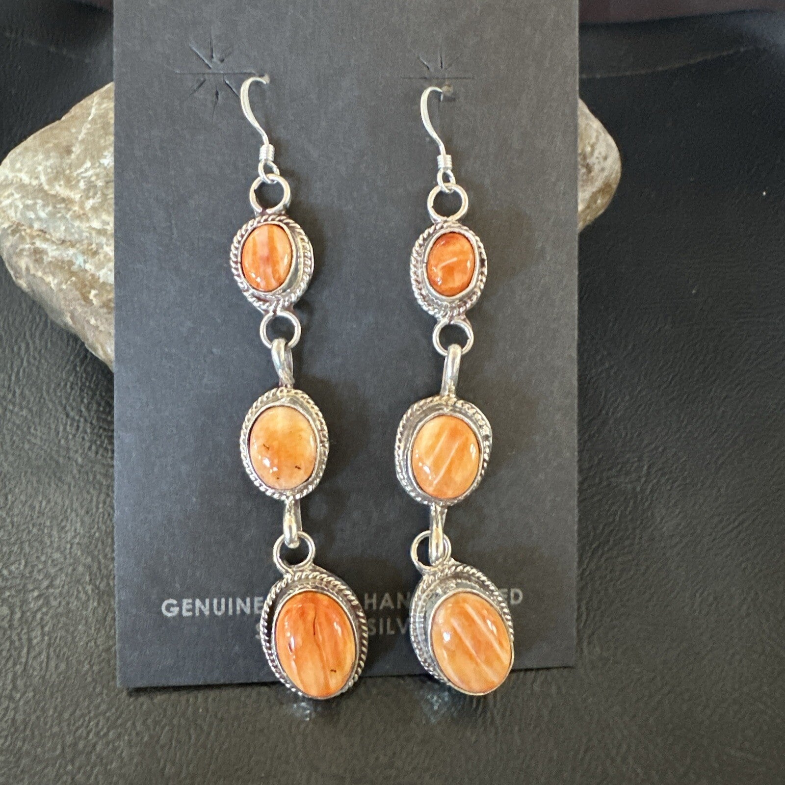 Native Navajo Sterling Silver Orange Spiny Oyster Dangle Earrings 1228