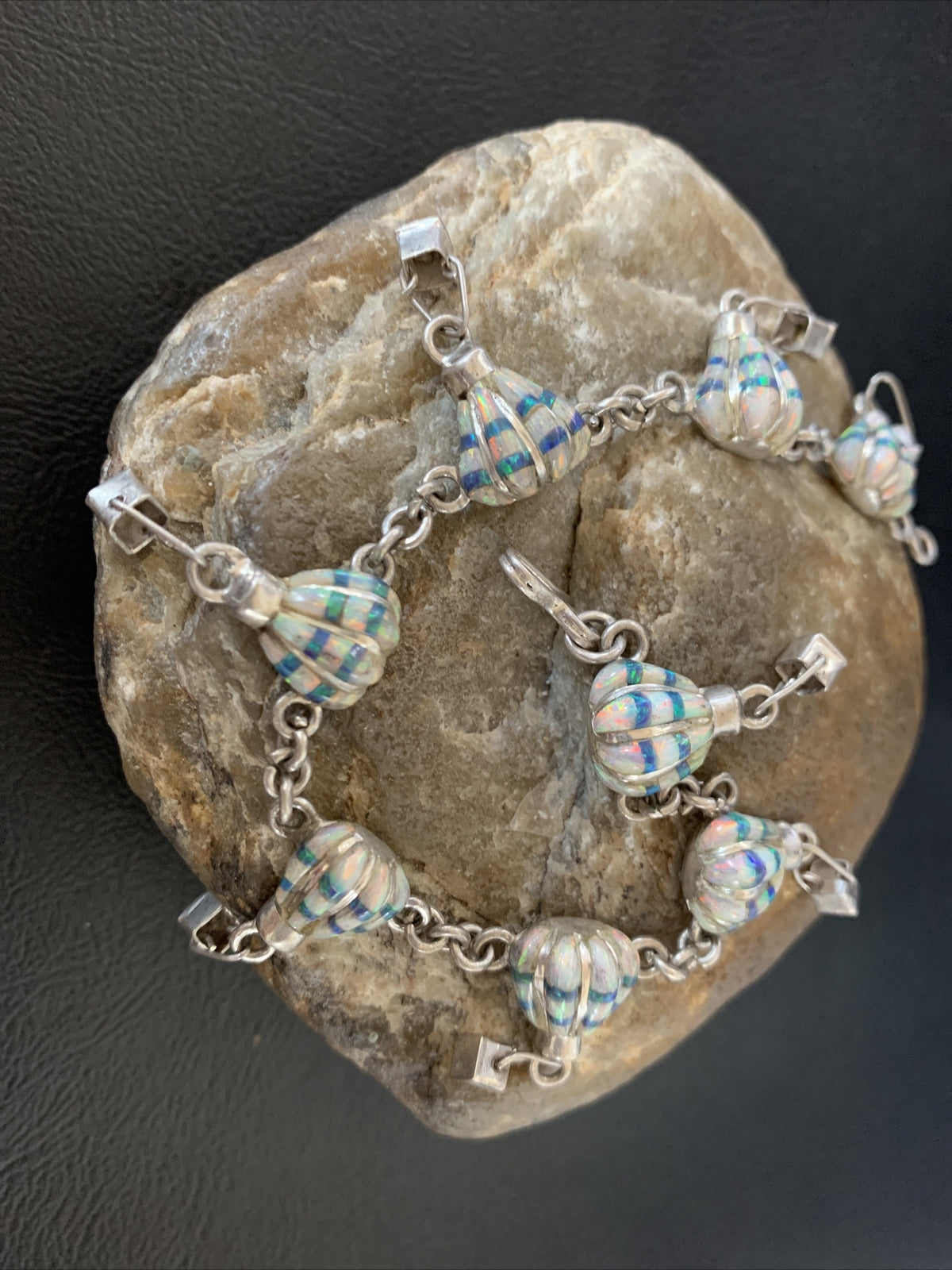 White Blue Opal Balloon Navajo Sterling Silver Link Inlay Bracelet 7.5" 12922