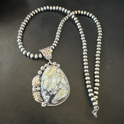White Buffalo Turquoise Pendant Navajo Pearls Sterling Silver Necklace 19342
