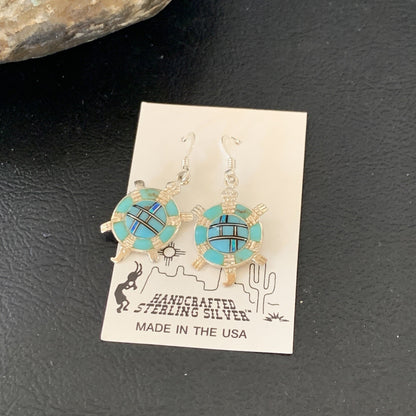 Turquoise & Opal Navajo Sterling Silver Inlay Turtle Earrings 0.5" 12015