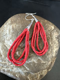 Red Coral Heishi 3S Tube Liquid Dangle Earrings 2" | Sterling Silver | Authentic Native American Handmade | 18198