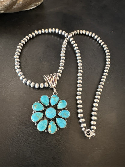 Blue Turquoise Navajo Sterling Silver Cluster Round Pendant Necklace 2”19303