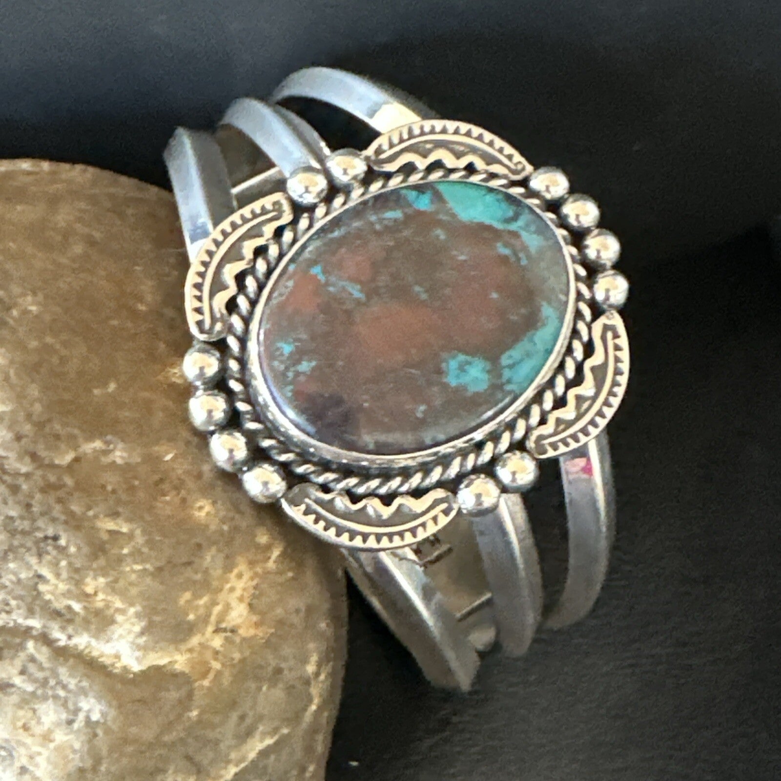 Navajo Blue TURQUOISE Stamped Sterling Silver Cuff Bracelet 18715