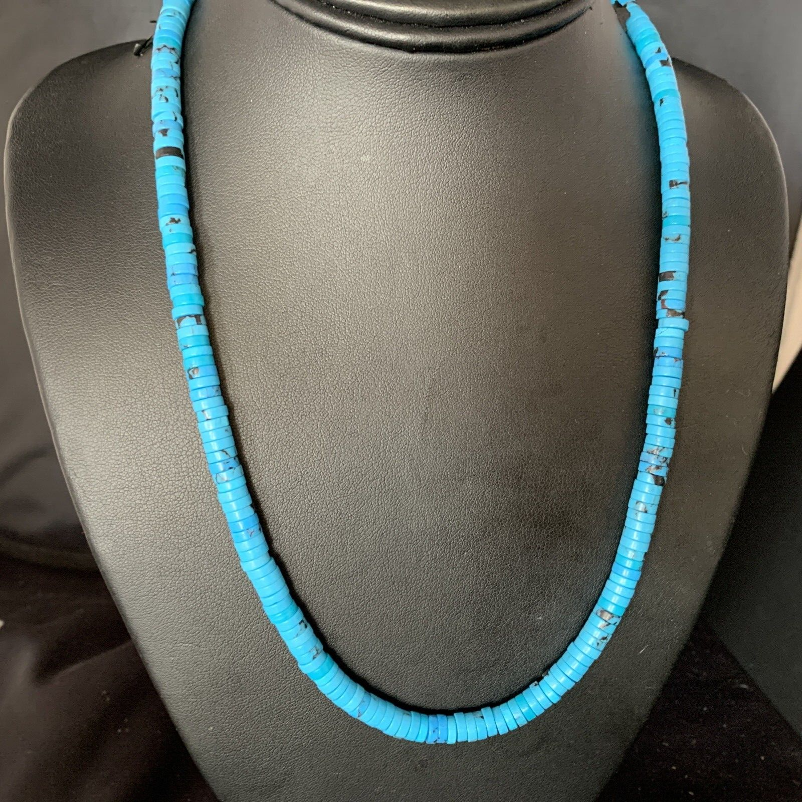 Robin Egg Blue Turquoise 18" Heishi Sterling Silver Bead Necklace 14008