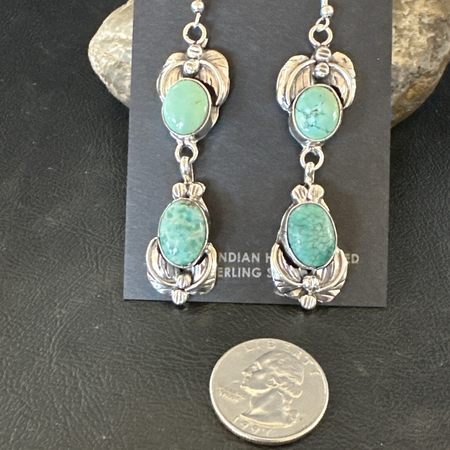 Native Navajo Green Turquoise Sterling Silver Dangle Earrings 2” 17913