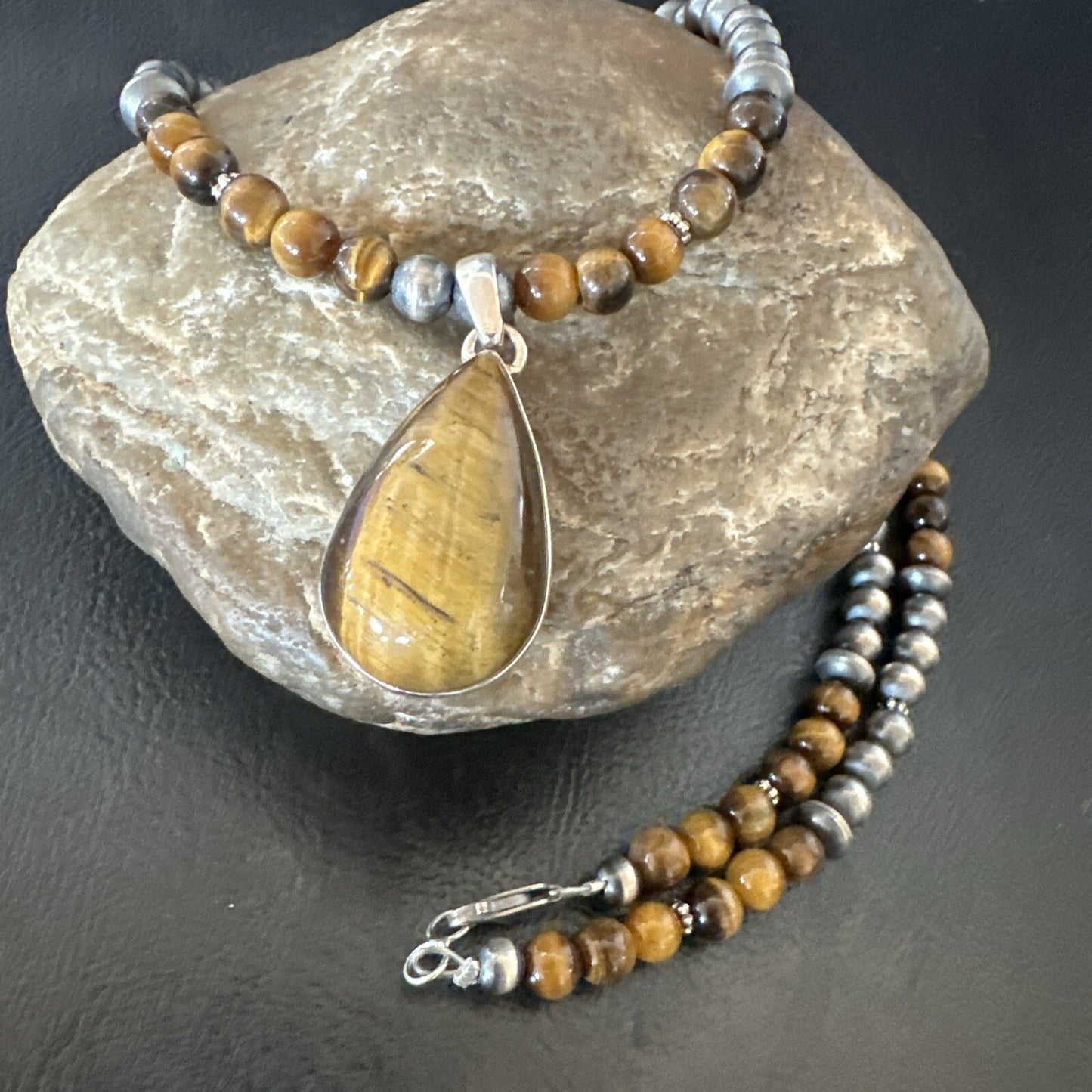 Coffee Brown Tigers Eye Sterling Silver Pendant Necklace Southwestern 18280