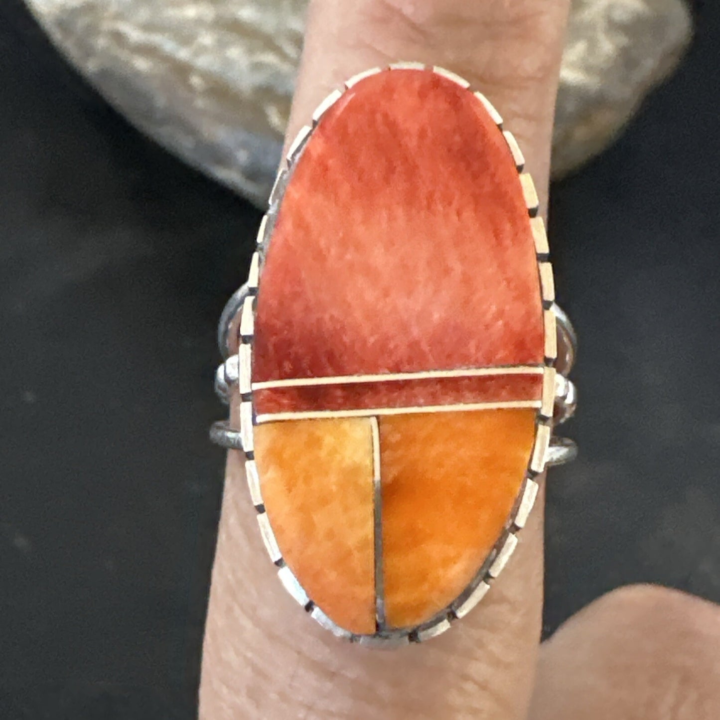Women Orange Red Spiny Oyster Navajo Sterling Silver Ring Sz 8.5 17798