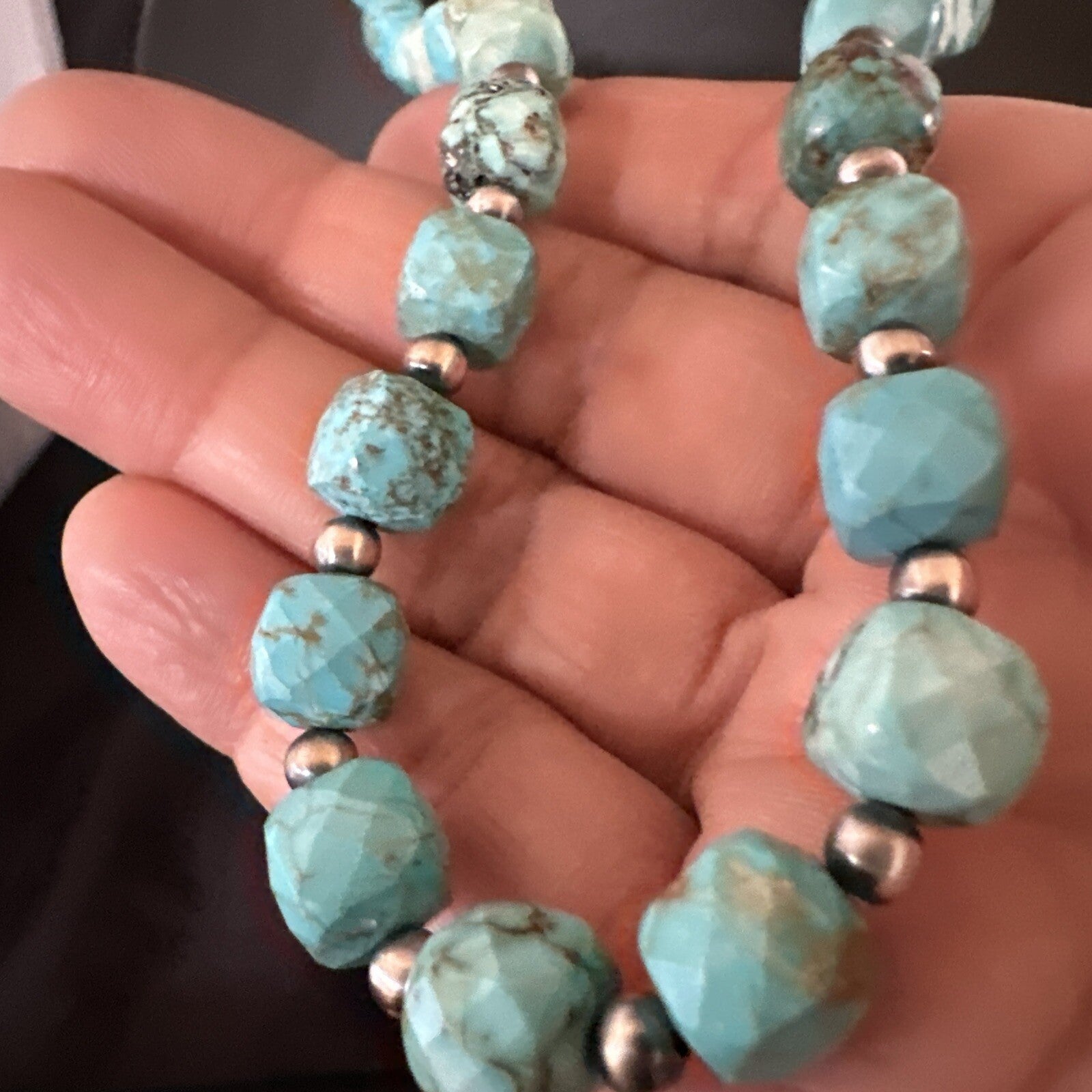Faceted Blue Turquoise Navajo Sterling Silver Beads Necklace 21” 17727